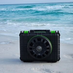 Tomahawk Apache 3800 speaker box with green accents on the beach
